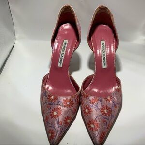 Manolo Blahnik pink, range and lilac floral print in size 381/2.